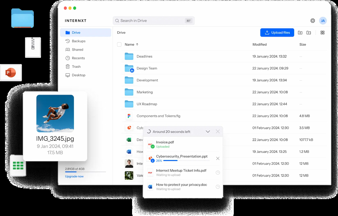 Internxt Drive panel interface